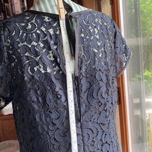Loft Ladies Sz 6, Navy blue/ black lace, lined. Short sleeve, zipper & tie back.